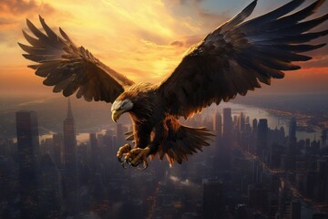 A majestic golden eagle soaring above a bustling cityscape, symbolizing freedom, power, and the unlimited potential of human achievement in the urban environment. Generative AI