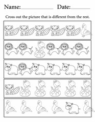 Activity sheet for Kids | Activity Worksheets for Children | Find the Different Animal