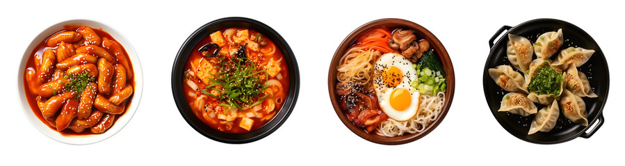Set of top view tasty delicious Korean food in a black bowl, Tteokbokki, noodles Ramyeon meat and vegetables and egg, Mandu dumplings, Kimchi Soup, ai generate