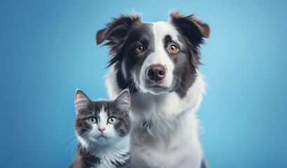 Dog and cat looking camera, illustration for product presentation template, copy space.