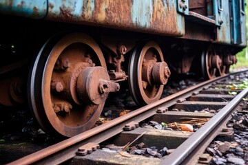 Rusty Train Wheels on Abandoned Track, Close-up Detail