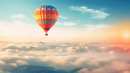 Obraz premium Hot air balloon in horizon sky, morning sunlight.