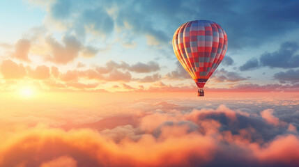 Fototapeta premium Hot air balloon in horizon sky, morning sunlight.