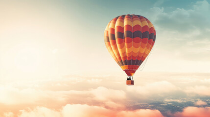 Fototapeta premium Hot air balloon in horizon sky, morning sunlight.