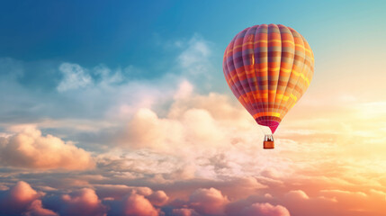 Fototapeta na wymiar Hot air balloon in horizon sky, morning sunlight.