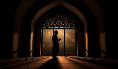silhouette Muslim man praying in the mosque on dark background, illustration for product presentation template, copy space. 