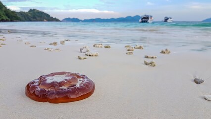 Fire jellyfish, poisonous jellyfish Stranded on the beach of a resort on an island in Myanmar or...