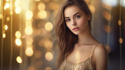 Fototapeta premium Beautiful skinny young woman on golden bokeh background.