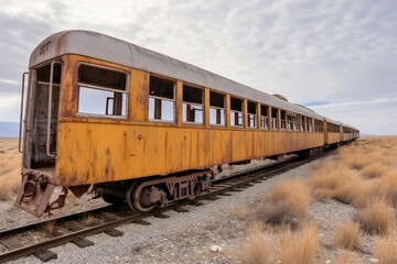 Obraz premium Rusty Ghost Train: Abandoned Passenger Car in Desolate Landscape