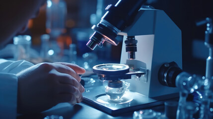 Fototapeta na wymiar Close-up shot of a scientist with a microscope in a laboratory