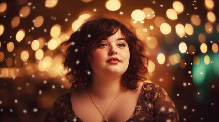 Beautiful fat young woman, golden bokeh background