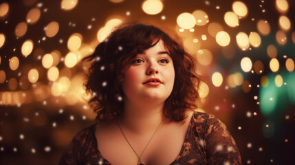 Fototapeta premium Beautiful fat young woman, golden bokeh background