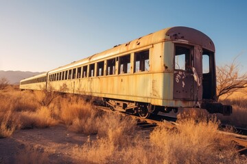 Fototapeta premium Rusty Railcar Sunset: Abandoned Desert Train Carriage