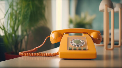 Close-up shot of classic telephone landline at office - obrazy, fototapety, plakaty