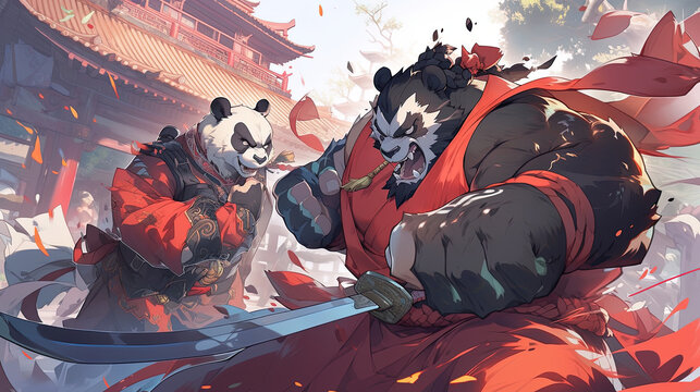 Panda warriors. Anime style background. Generative AI