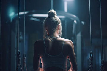 Fototapeta na wymiar Fitness woman working out in gym doing exercise for back. Athletic girl doing lat pulldown with Generative AI technology.