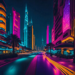 Fototapeta na wymiar Dubai neon street at the night photography,AI GENERATED IMAGE 