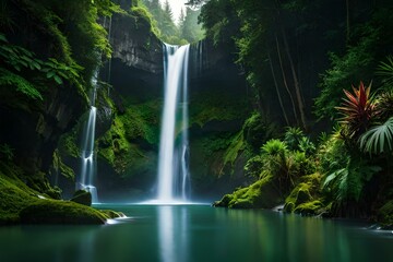 Vibrant jungle waterfall surrounded by lush vegetation.