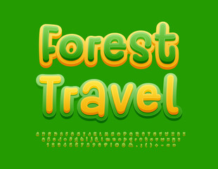 Vector advertising Flyer Forest Travel. Modern bright Font. Funny Alphabet Letters, Numbers and Symbols set