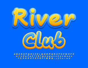 Vector bright Emblem River Club. Yellow and Blue creative Font. Handwritten Artistic Alphabet Letters and Numbers set