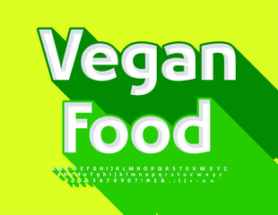 Vector advertising Banner Vegan Food. 3D Font with Big Green Shadow. Modern Alphabet Letters and Numbers set