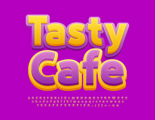 Vector advertising banner Tasty Cafe. Yellow and Violet Bright Font. Colorful Alphabet Letters and Numbers