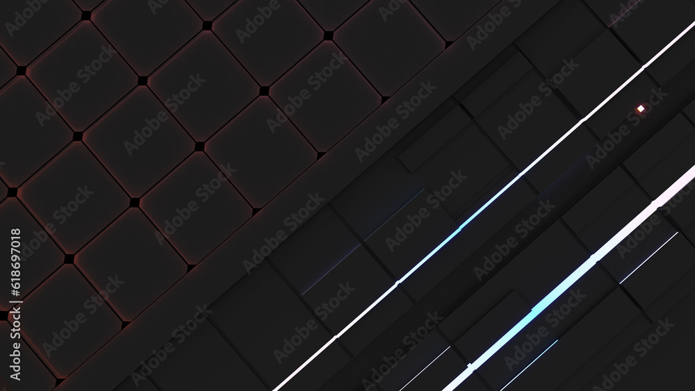 Poster abstract black technology square shape background and neon light,cyberspace,3d rendering