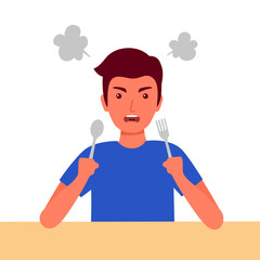 Impatient angry hungry man in flat design.