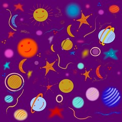Fototapeta na wymiar Seamless pattern with cute colorful space objects with planets, stars and moons. Purplish background. For wallpaper, wrapping paper, textiles, cover prints, mugs, notebooks, wrapping paper