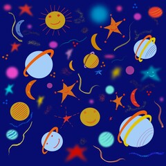Naklejka premium Seamless pattern with cute colorful space objects with planets, stars and moons. Blue background. For wallpaper, wrapping paper, textiles, cover prints, mugs, notebooks, wrapping paper