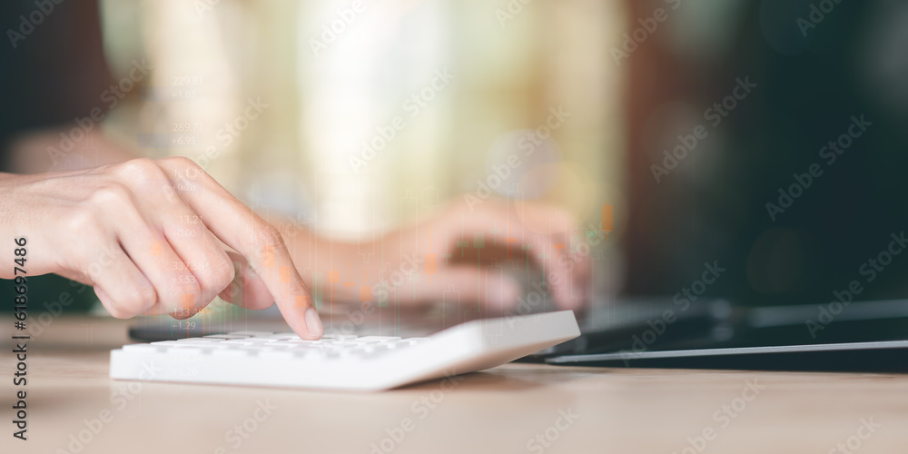 Poster statistical analyst using calculator to calculate and read reports, graphs and charts, business statistics ,Analysis and improvement of corporate strategy ,business growth graph ,stock market