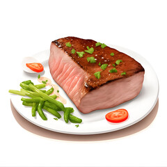 grilled pork chops with coriander, asparagus, tomato on white background , close up pork chops.