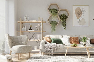 Home interior with hexagon shelves on white wall background, 3d render
