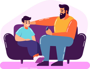 Hand Drawn father talking to son on the sofa in flat style