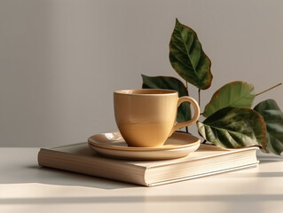 coffee cup with books and dry leaves on white table