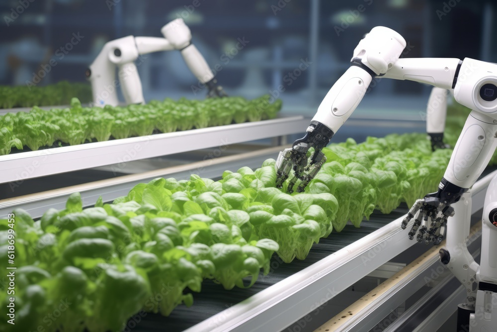 Poster robots lettuce plants in lab futuristic robotic farmers transforming agriculture with advanced techn