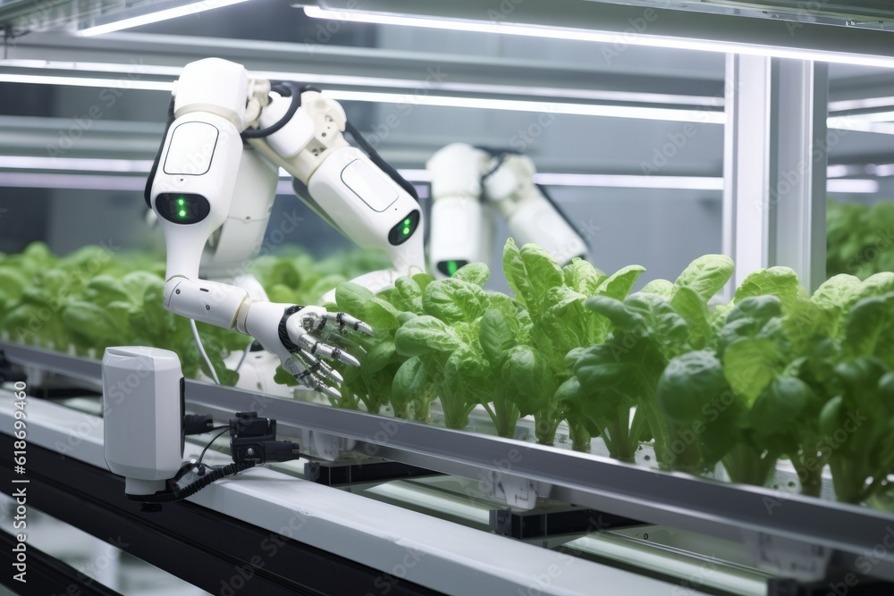 Poster robots lettuce plants in lab futuristic robotic farmers transforming agriculture with advanced techn