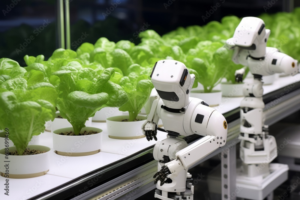 Poster robots lettuce plants in lab futuristic robotic farmers transforming agriculture with advanced techn