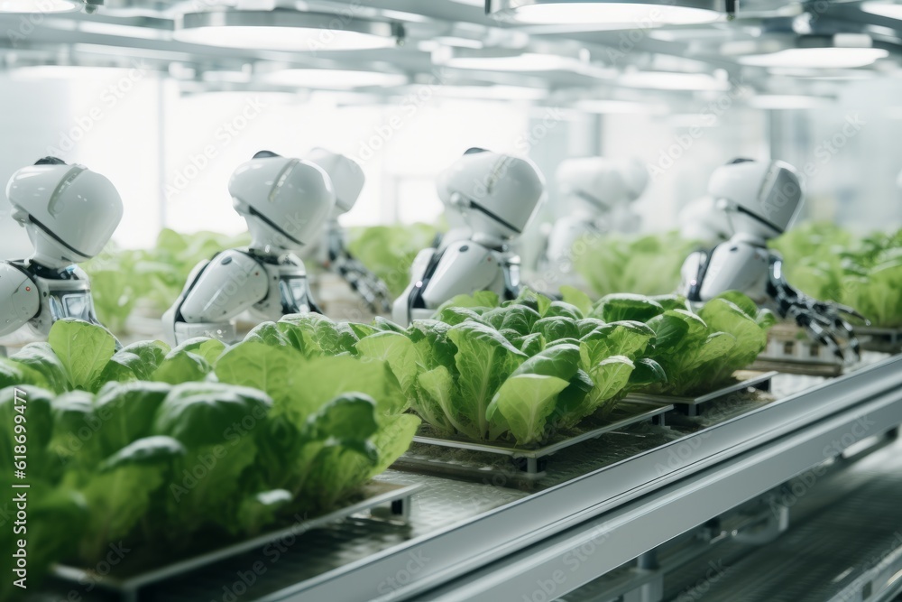 Poster robots lettuce plants in lab futuristic robotic farmers transforming agriculture with advanced techn