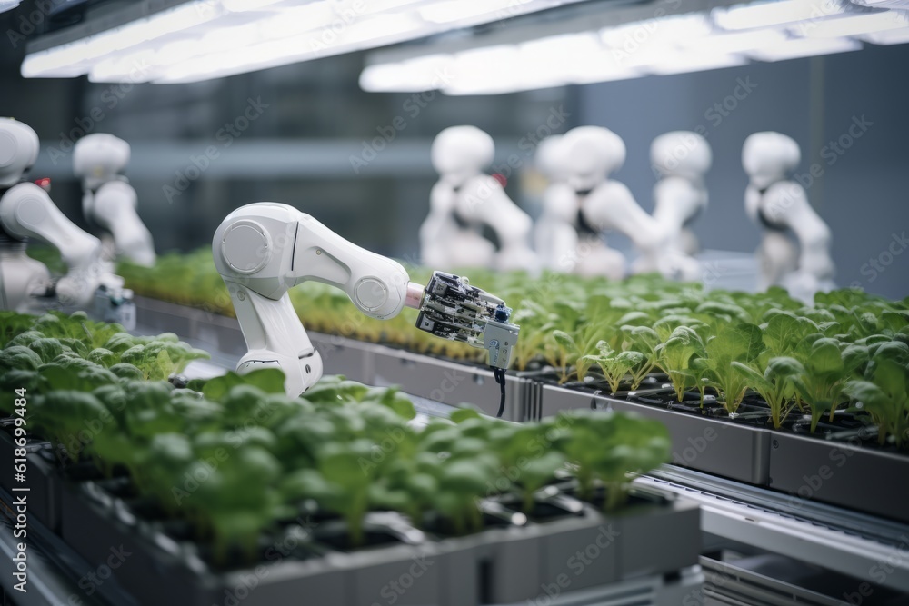 Poster robots lettuce plants in lab futuristic robotic farmers transforming agriculture with advanced techn
