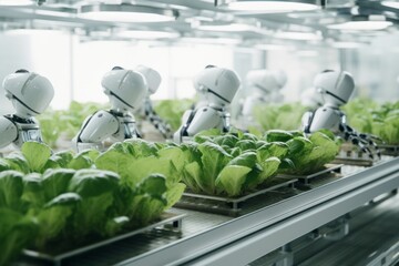Robots Lettuce Plants in Lab Futuristic Robotic Farmers Transforming Agriculture with Advanced Technology Farm Automation Generative AI