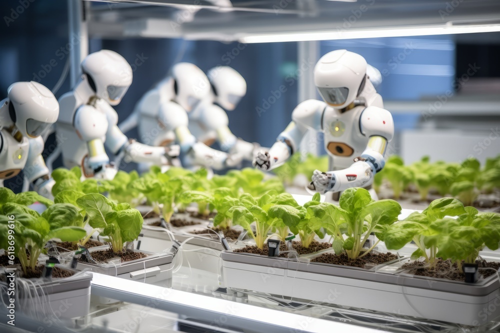 Poster robots lettuce plants in lab futuristic robotic farmers transforming agriculture with advanced techn