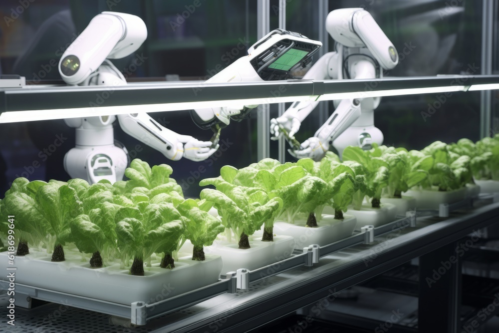 Poster robots lettuce plants in lab futuristic robotic farmers transforming agriculture with advanced techn