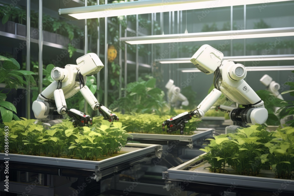 Poster robots lettuce plants in lab futuristic robotic farmers transforming agriculture with advanced techn