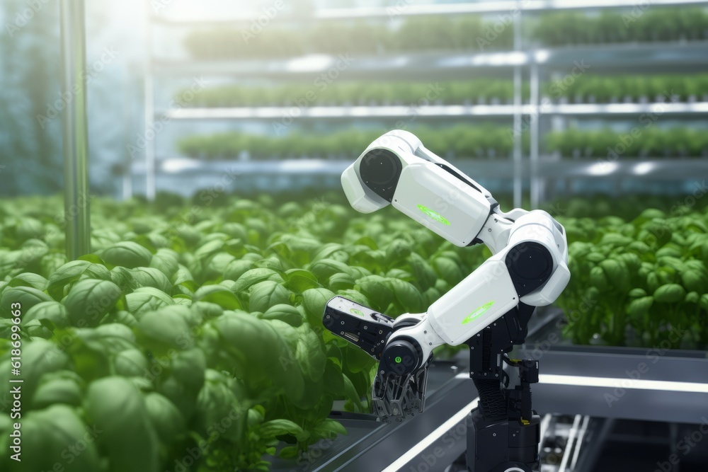 Poster robots lettuce plants in lab futuristic robotic farmers transforming agriculture with advanced techn