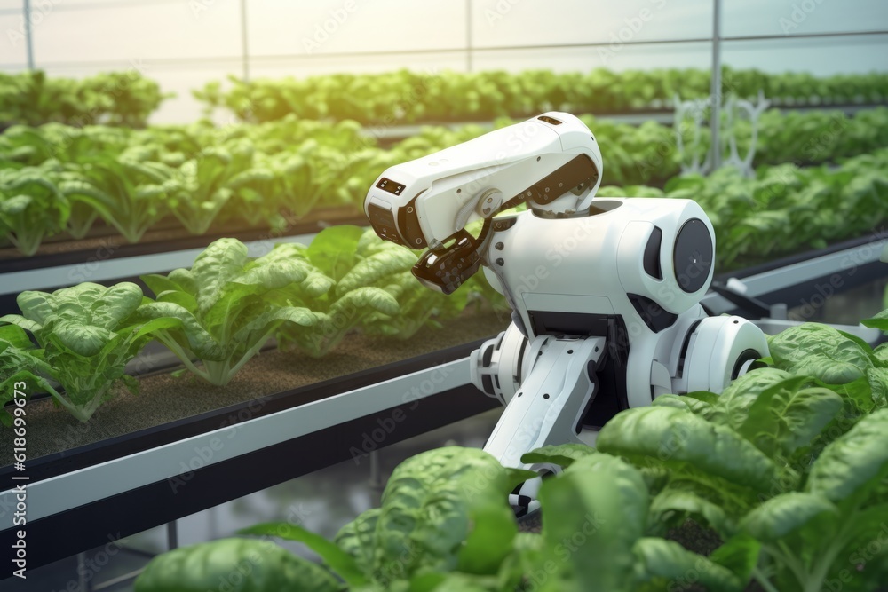 Poster robots lettuce plants in lab futuristic robotic farmers transforming agriculture with advanced techn