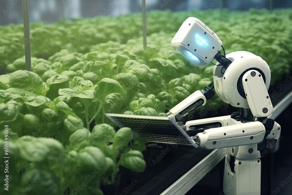 Poster robots lettuce plants in lab futuristic robotic farmers transforming agriculture with advanced techn