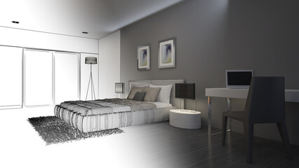 Bedroom of the home.a combination of line drawings and color.,3d rendering