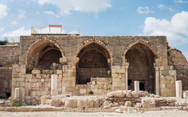 crusader church built on byzantine and Roman ruins at the Beit Guvrin archaelology park in Israel with a partly cloudy sky in the background