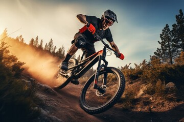 Fototapeta na wymiar Extreme mountain bike sport athlete man riding outdoors - Generative AI